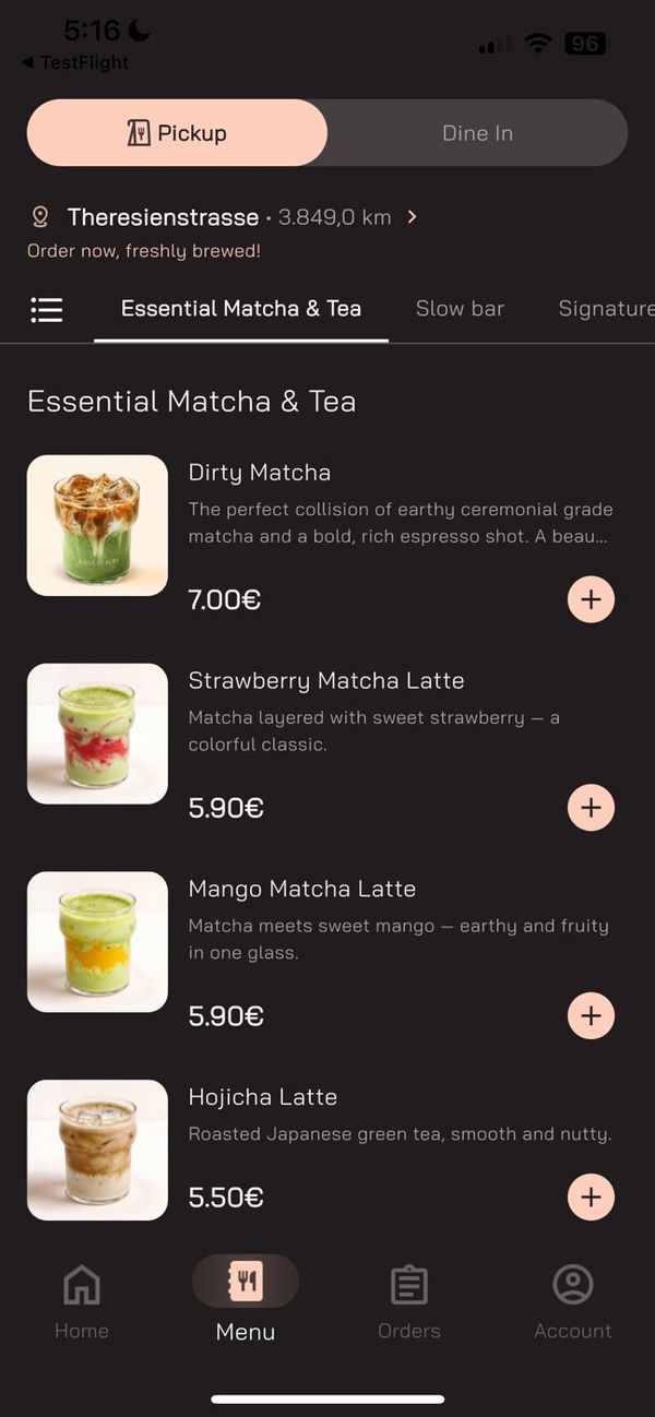 Menu of matcha and tea drinks with prices