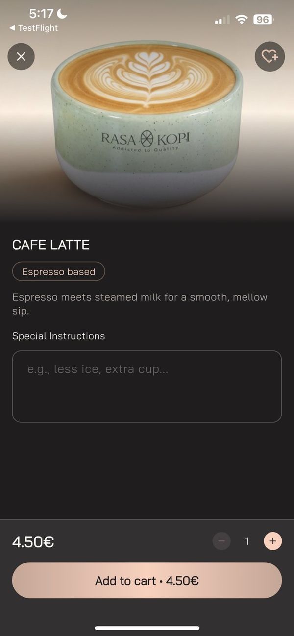 Cafe latte product screen with add to cart